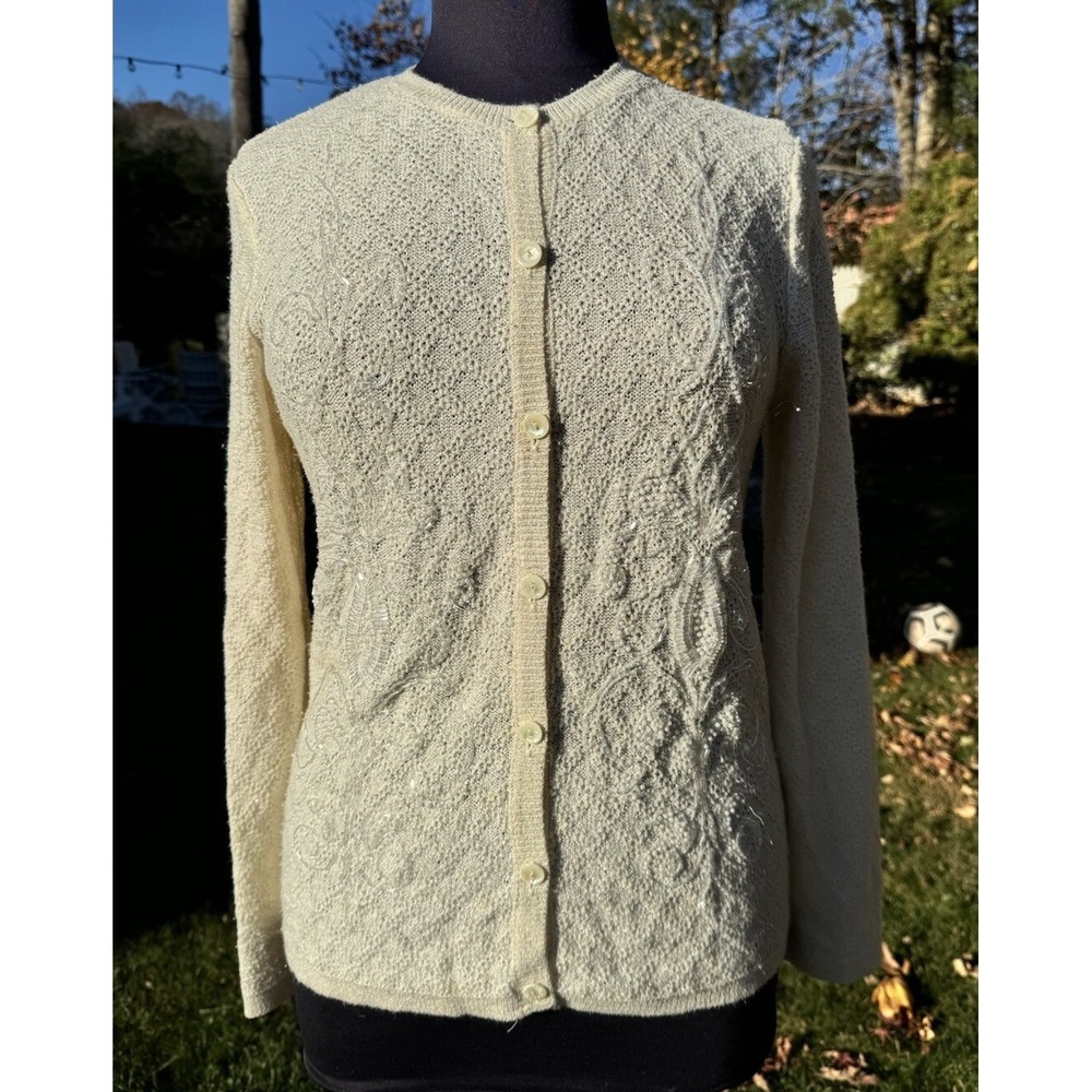 Alfred Dinner Cream Colored Cardigan s/m with Bead Embellishments Button Down